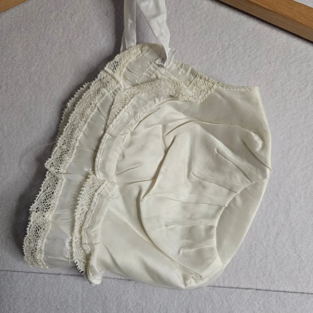 Vintage Ivory Satin Christening Gown Set Coat Bonnet Lace Smocked Baptism 6-9mos